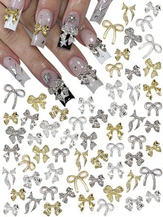 50 pièces décorations d'ongles 3D en forme de nœud - nœuds dorés, argentés et gris clair. Accessoires d'ongles 3D pour la conception d'ongles, les ongles acryliques, les fournitures de manucure, les pierres décoratives d'art des ongles chrome