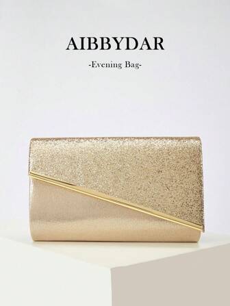 AIBBYDAR Women's Evening Bag, Gold Fashionable Solid Glitter Ladies Clutch Purse, Suitable For Evening Dress, Portable Wallet, Cosmetic Bag, Detachable Metal Shoulder Strap, Wedding, Dance, Gathering, Party