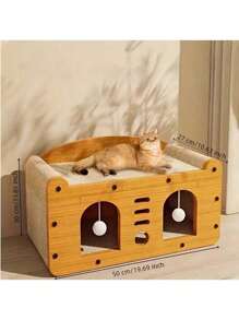 2 en 1 Casa y Rascador para Gatos, 1 Set de Cama de Madera con Rascador para Gatos, Cartón Resistente con Juguetes Colgantes, Cama Multifuncional para Gatos Adecuada para Múltiples Gatos con Zona de Descanso y Zona de Actividad, Estructura Resistente al Rayado, Fácil Montaje, Comodidad para Todas las Estaciones, Regalo Perfecto para Amantes de las Mascotas, Juguetes para Mascotas, Suministros para Mascotas