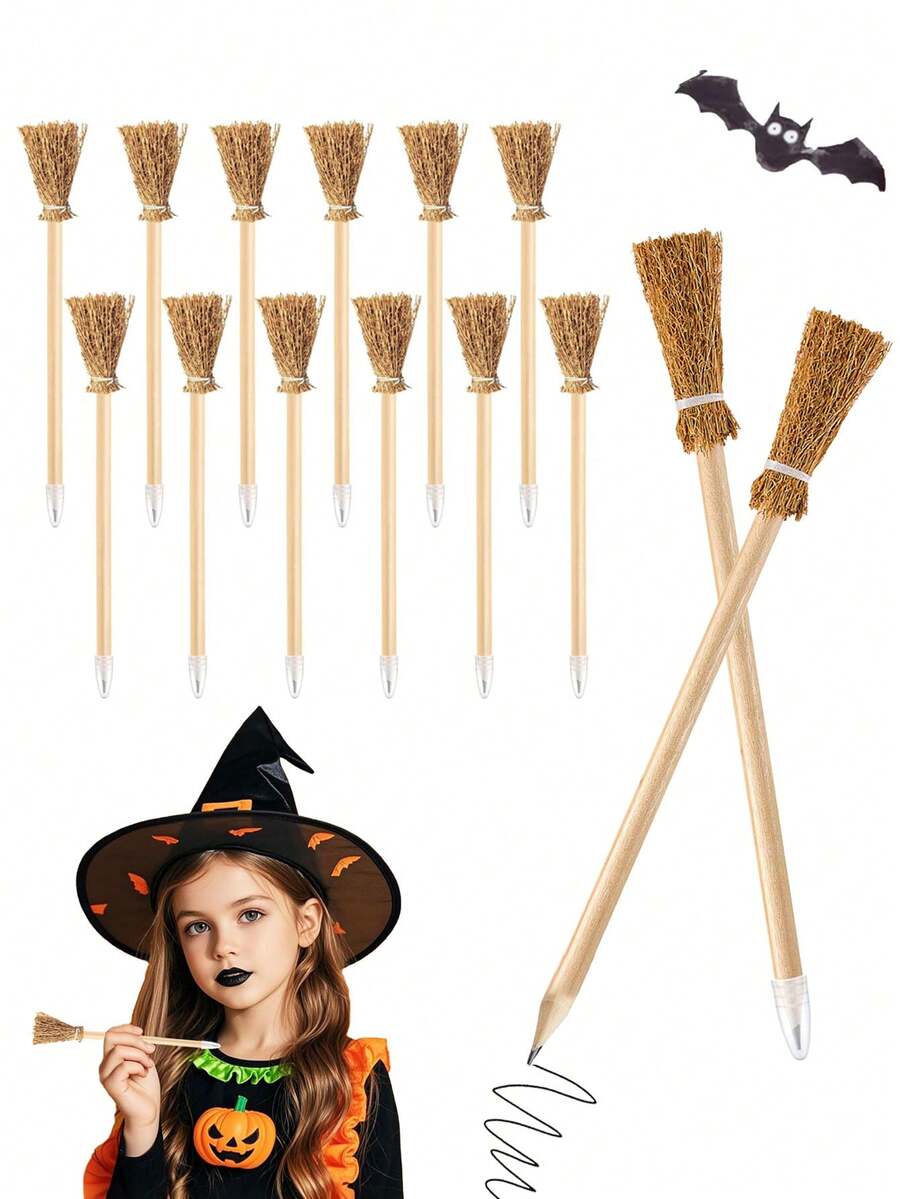 Set de 5/3/1 lápices en forma de escoba de bruja como artículos de fiesta, suministros para fiestas de bebés, niños, adolescentes y adultos, útiles escolares, decoración de Halloween (color caqui) - Caqui - Ver 1