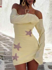 Women Sequin Starfish Mini Tank Dress Off Shoulder Sleeveless Knitted Bodydon Beach Party Dress Y2K Summer Teen Girls Going Out Dress - 黃色 - 查看 3