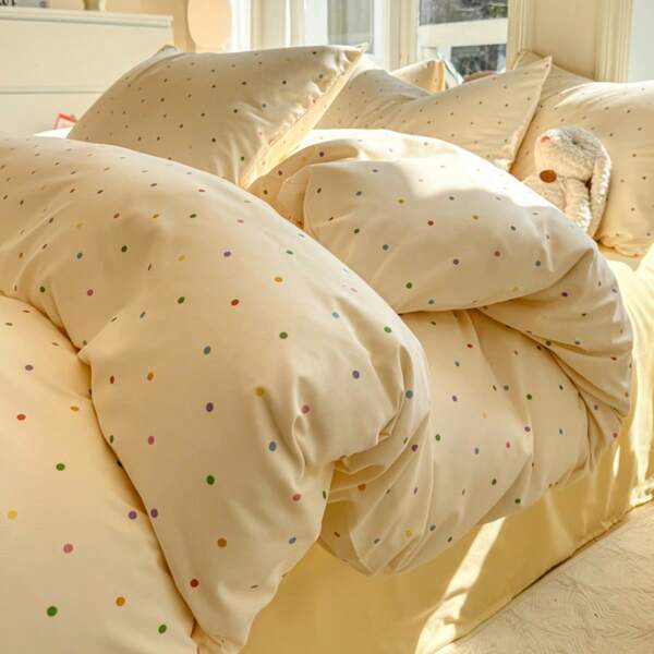 4Pcs Comfortable Bedding Set (1*Duvet Cover+1*Bed Sheet+2*Pillow Covers), Colorful Dot Pattern, Simple & Fashionable, Soft Hand Feel, Pillow Covers With No Inner