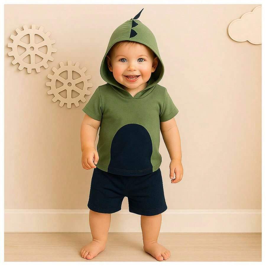 Espevitados Children's Fancy Dress Set: Green Short-Sleeved T-Shirt With Dinosaur Embroidered Hood And Plain Navy Blue Suede Shorts - xanh quân đội - Xem 1
