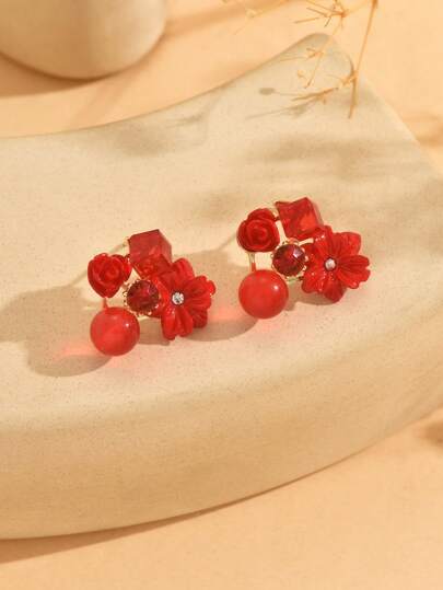 1 Pair Vintage Maple-Leaf Inspired Purple Crystal Flower Earrings, Elegant & Gentle For Women