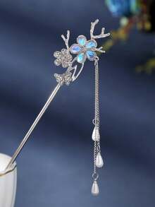 1 件彩色水钻花蝴蝶树枝仿珍珠流苏金属发夹，优雅花卉日常发饰，发饰，发饰，发夹，发髻延长器，发夹，发髻发片，发型夹，度假装女士 - 銀色 - 查看 2