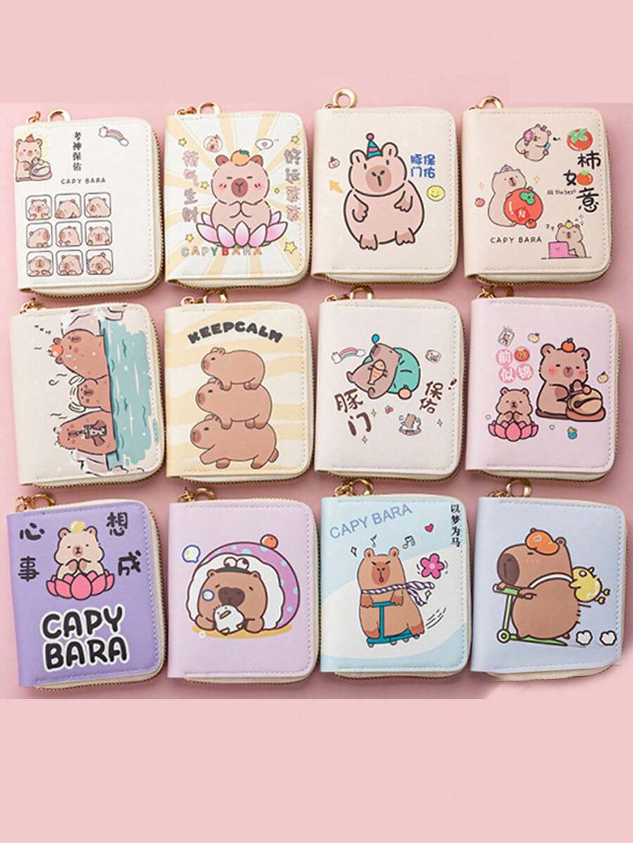 1 Ví da PU Capybara - Ví ngắn hoạt hình dễ thương dành cho thanh thiếu niên và học sinh, đựng thẻ tối giản thời trang, đựng tiền xu