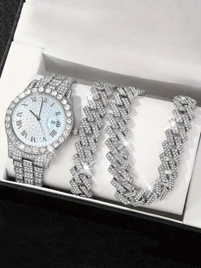 kuuioe 3pcs Watch Matched Rhinestone Embellished Chain Bracelet Necklace Set, Unisex Hip Hop Style Shiny Daily Wear Jewelry