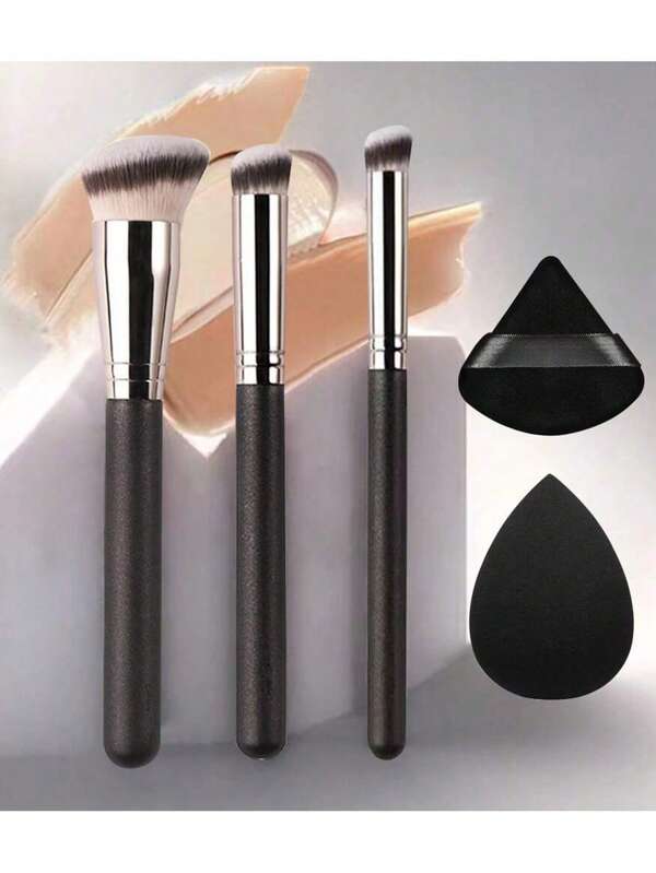 5pcs/Set Men & Women Fashion Pearlized Handle Soft Dense Bristle Concealer Brush, For Concealing, Contouring, Powder, Liquid And Cream Blending Makeup
