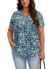 Plus Size Casual Floral Print T-Shirt, Vacation Style - Green - View 2