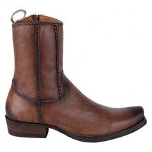 Fratello Select Fratello botas vaqueras de color café para hombre 20267, con detalles de costura tipo trenza a lo largo del tubo, punta semicuadrada y tacón bajo tipo western, ideales para looks rancheros, conciertos, fiestas o uso casual con jeans, calzado ranchero, moda country, outfit norteño - Marrón - Ver 3