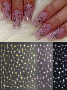 3 Fogli di adesivi per unghie a forma di stella con effetto dorato e laser, viola, rosa e a croce, decorazioni per unghie 3D carine, accessori fai-da-te per unghie
