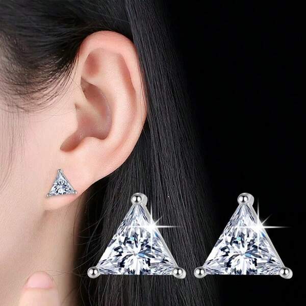 1 Pair Minimalist Triangle Zirconia Stud Earrings, Unisex Geometric Chic Fashion Jewelry Gift
