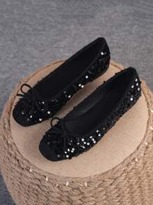 Bailarinas para mujer, zapatos planos de punta cuadrada con suela blanda, zapatos planos versátiles con lazo, mocasines planos negros con lentejuelas, tallas grandes 35-43, corren un tamaño talla grande grande