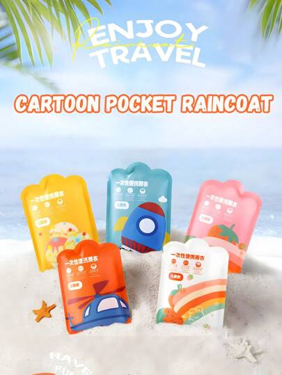 6pcs/1pc Children's Cartoon Creative Style Pocket Raincoat Set, Portable Long Thick Raincoat, Transparent And Portable Travel Outdoor Mountaineering Waterproof, Children's Camping And Hiking Accessories, Is An Ideal Choice For Giving Gifts To Children