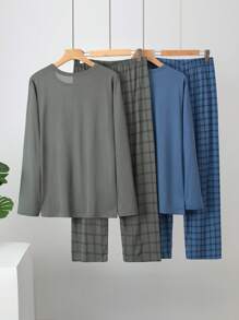 4 件套男士长袖睡衣套装，格子印花睡衣套装 - 彩色 - 查看 2