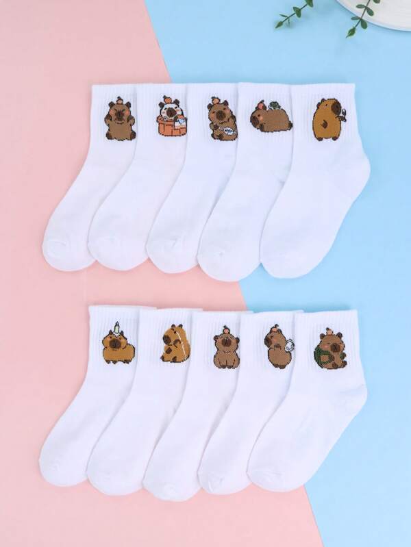 10 pares de meias brancas de capivara para bebês e crianças, meias engraçadas e fofas para meninos e meninas, viagem de 2025, meias esportivas de corrida para estudantes de 1 a 16 anos, uso diário, lazer, viagem, acampamento, casa, casamento, itens essenciais para bebês, decoração de chá de bebê, presente