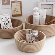 Panier de rangement de bureau tressé de style INS, boîte de rangement artisanale, cadeau créatif de forme ronde