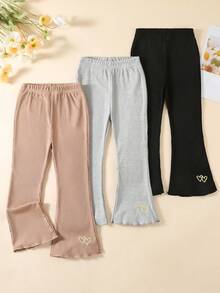 3pcs/Set Young Girl Solid Color Elastic Waist Ribbed Leggings, Flare Leg Pants, Spring/Autumn - Multicolor - View 1