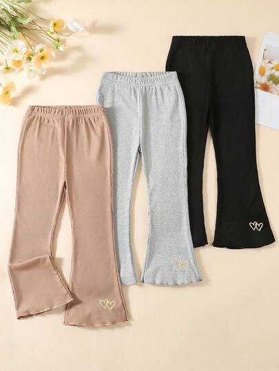 3pcs/Set Young Girl Solid Color Elastic Waist Ribbed Leggings, Flare Leg Pants, Spring/Autumn