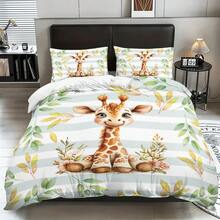 Oversized Cartoon Giraffe Print Bedding Set With 2pcs Pillow Cases, Zipper Closure, Suitable For Queen Or King Size Beds In Dorm, Bedroom