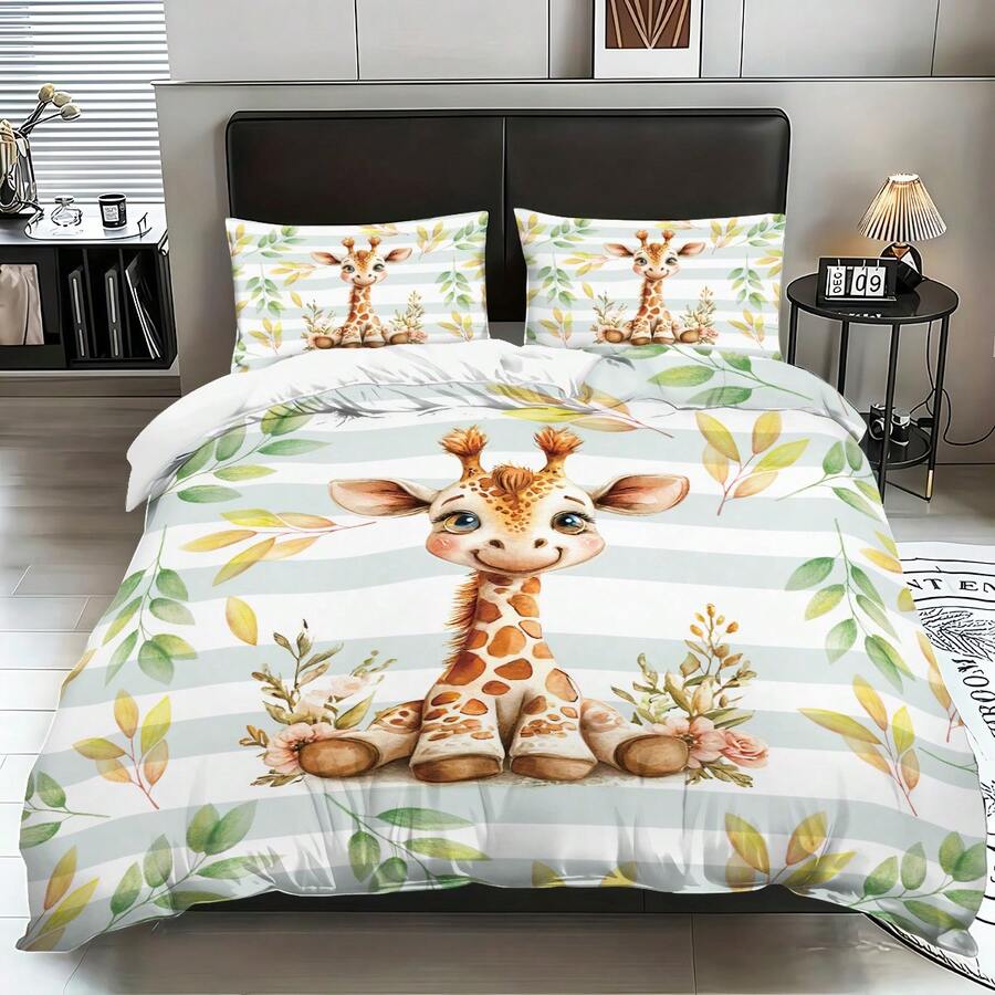 Oversized Cartoon Giraffe Print Bedding Set With 2pcs Pillow Cases, Zipper Closure, Suitable For Queen Or King Size Beds In Dorm, Bedroom
