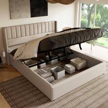 Cama tapizada 160x200 cm, cama hidráulica de lino, diseño de rayas verticales, somier moderno con espacio de almacenaje, cama funcional con canapé, estructura de metal, color beige lino