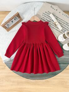 1pc Young Girl Sweet Cute Lace Collar Knitted Dress, Young Girl Button Color Blocking Ruffle Hem Sweater Dress, Autumn/Winter