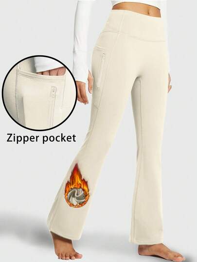 女士保暖厚款保暖内衬裤，带拉链口袋，舒适休闲，适合日常外出、休闲、健身、瑜伽、运动，紧身，喇叭裤，无缝设计，秋冬