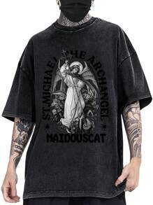 YUANXING Men's Gothic Heavy Metal Graphic T-Shirt - Archangel Michael And The Sword Of Michael Graphic - Retro Dark Gothic Streetwear - 100% Heavyweight Cotton - Machine Washable - Vintage Distressed Wash Finish - Relaxed Fit, Ideal For Concerts And Everyday Wear - Original Design