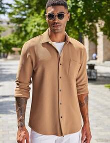 Men's Lightweight Shirt Shacket Long Sleeve Textured Button Down Shirts Casual Jackethalloween - Light Brown - 查看 9
