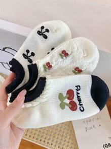 Calcetines de tobillo transpirables con lazo de cereza, letra y diseño floral tipo Ins para mujer