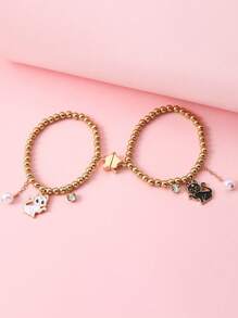 Set de 2 pulseras elásticas con encantos de gato de dibujos animados y perlas, regalo de joyería ideal para hermanas y mejores amigas
