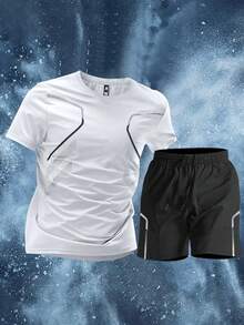 Gym Clothes Workout Shorts And Short Sleeve T-Shirt  For Men Running Dry Fit Athletic Outfits Sets, Suitable For Running, Cycling, Fitness - 灰黑白 - 查看 3