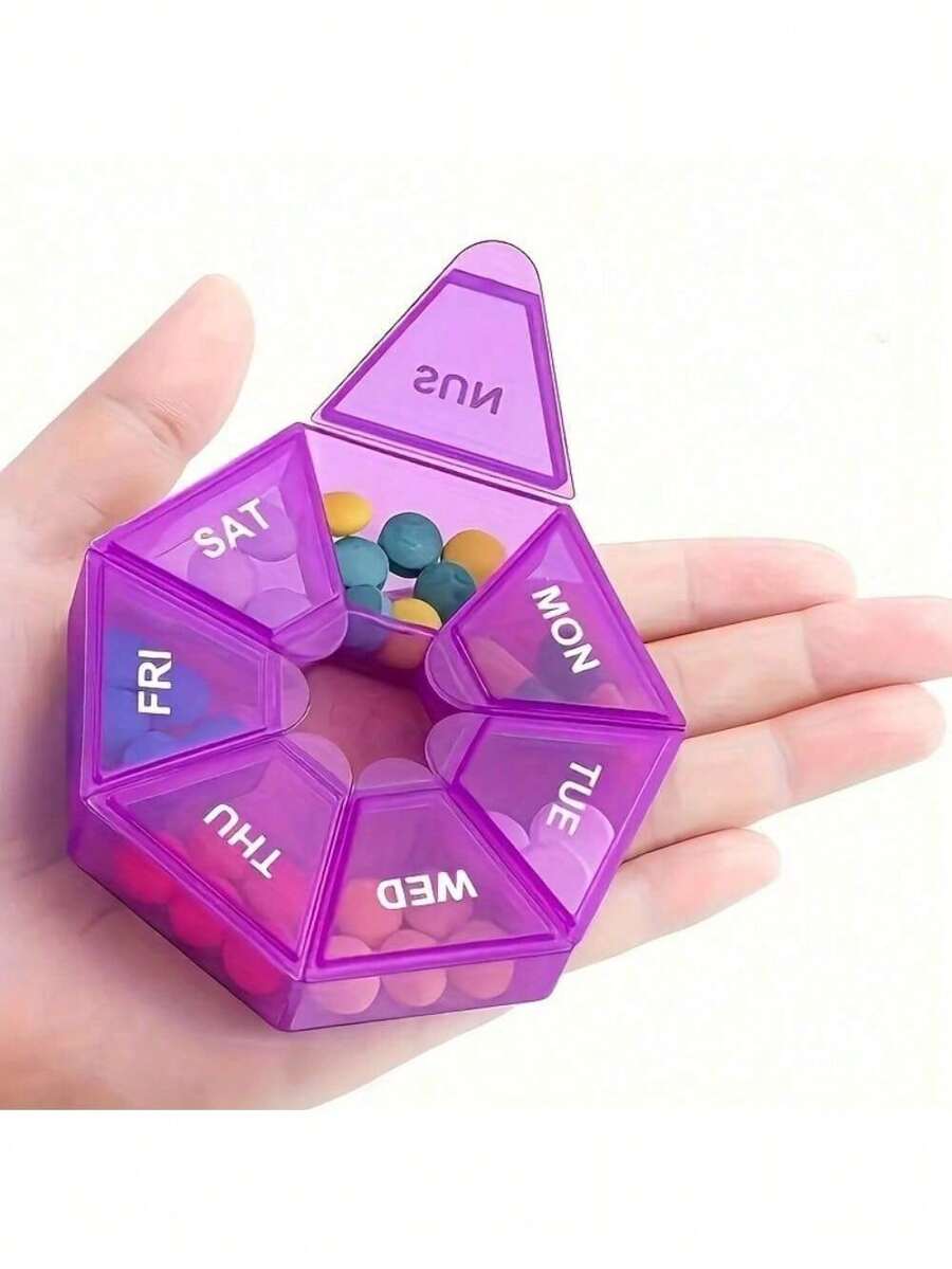 1PC 7-Day Pill Organizer |   Round Weekly Planner With Single-Hand Lock |   Durable Safe Plastic Material |   Large Travel Size |   Bright Colors For Vitamins & Supplements |   Fish Oil Storage Box