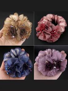 1个女士双花发圈，适合日常、用餐、约会、旅行、通勤、摄影、春夏穿搭搭配、母亲节礼物、发圈、洗脸、发饰、发绳、马尾辫发饰、弹力发圈 - 彩色 - 查看 4
