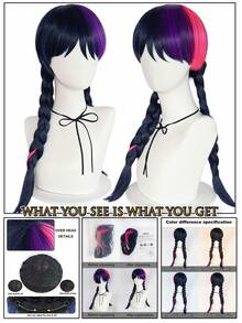 Perruque tressée synthétique résistante à la chaleur, cheveux droits avec 2 nattes, perruque de cosplay d'anime pour costume d'Halloween, pré-coiffée et prête à porter avec 2 longues queues de cheval, style de mode classique au look naturel, haute densité, sans colle et confortable, cheveux résistants à la haute température - Multicolore - Voir 7