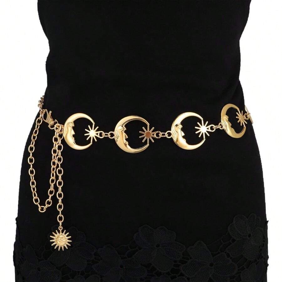 Milakoo Y2K Star Moon Chain Belt For Women Waist Metal Link Chunky Chain Adjustable Size Belly Belt - CMoon-金 - 查看 1