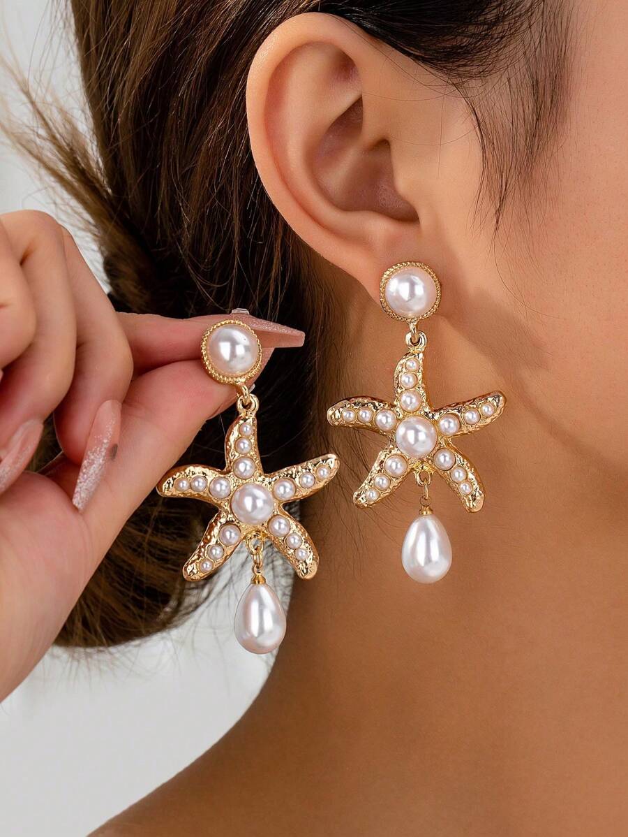 1 Pair Elegant Ocean Theme Pearl Starfish & Water Drop Earrings For Women
