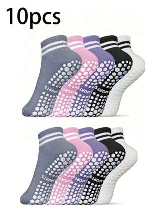 5 Pairs Women's Grip Socks, Non-Slip Pilates Yoga Socks Double Stripe Non-Slip Socks Exercise, Ballet, Sport Socks, Mid-Tube Socks 2/4/10/20/30/50pcs