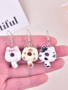 6 对可爱甜甜圈和空心猫设计耳环，派对时尚珠宝配饰 - 彩色 - 查看 4