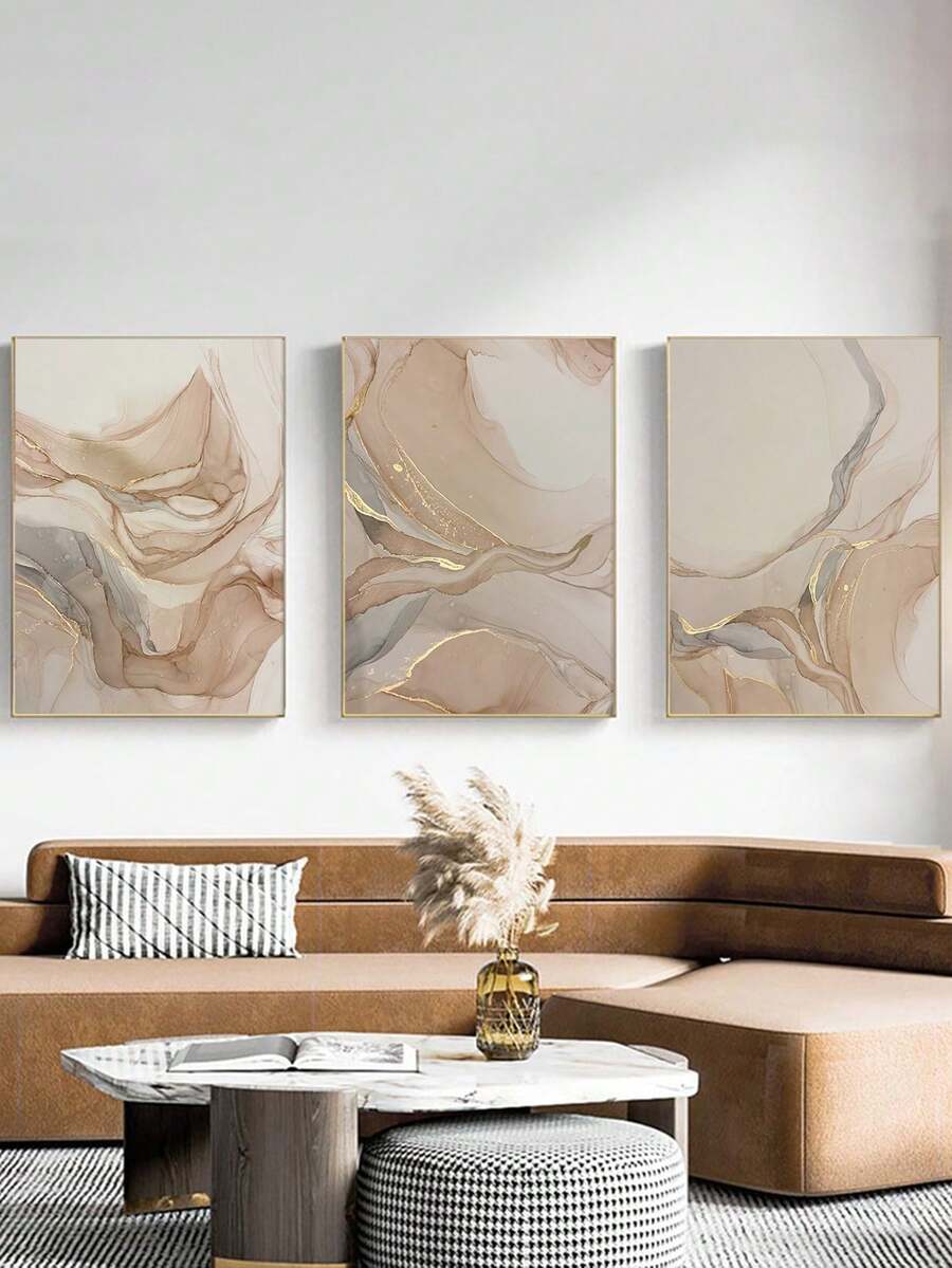 3 件抽象米色流体艺术海报，墙壁艺术海报可选框架 - 米色 - 查看 1