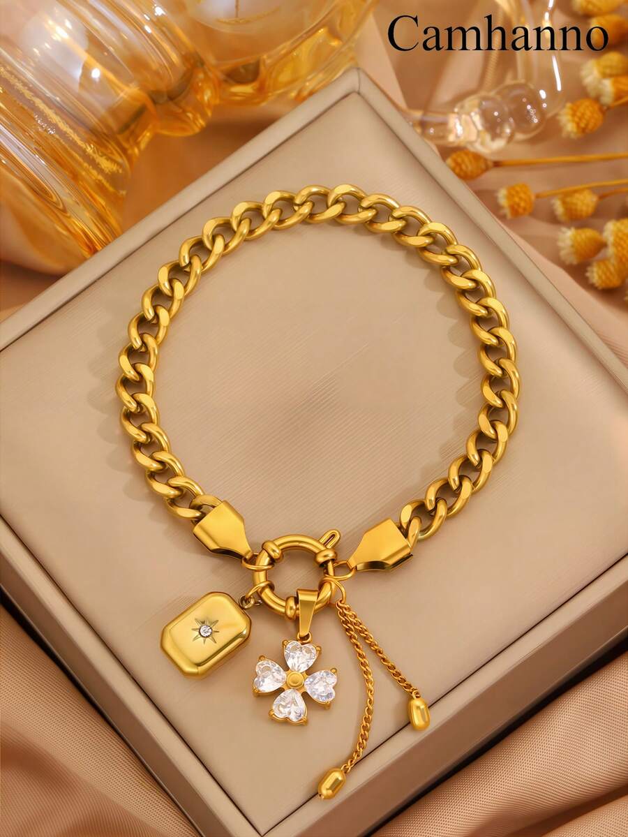 Camhanno 1pc Elegant And Fresh Gold Stainless Steel Bracelet With Unique Flower Pendant Design, Exquisite And Ideal Gift, Non Fading Jewelry, Fashionable And - Gold - View 1