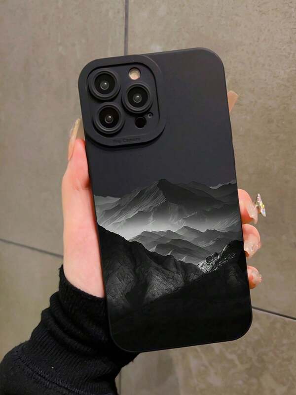 1pc Black Phone Case With Mountain Pattern, Shockproof & Non-Slip Soft Protective Cover Compatible With IPhone 16/15/14/13/12/11 Pro Max/7/8 Plus, Galaxy & Other Models