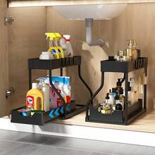 2 Tier Under Sink Organizer, 2 Tier Multi-Purpose Kitchen And Bathroom Organizer And Storage With Sliding Drawers, Bathroom Cabinet Organizer, Storage Rack With 5 Hooks, 2 Hanging Baskets