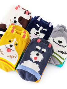5 pares de calcetines de media caña para mujer con patrones de perros de dibujos animados, resistentes al olor, que absorben la humedad, suaves y cómodos, adecuados para deportes al aire libre/fiestas y uso diario. Calcetines cortos transpirables con lindos patrones de perros de dibujos animados.