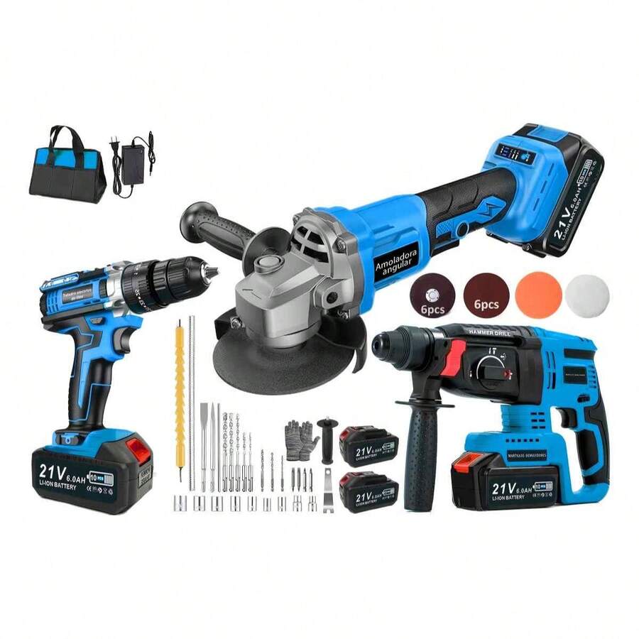 Rotomartillo Taladro, Esmeril Angular Y Destornillador 3pzs - Azul - Ver 1