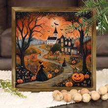 1 件万圣节带框木质标牌民间艺术印刷品、帆布墙面艺术万圣节装饰、房间装饰物品女巫和南瓜灯、满月艺术、秋季色调、万圣节家居装饰、鬼屋装饰复古装饰客厅装饰可选框架