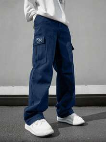 1 pieza Pantalones cargo con múltiples bolsillos para hombres, adecuados para primavera/otoño, playa de verano, viajes diarios, entrenamiento deportivo, senderismo al aire libre, casual, fitness, trotar, pantalones rectos, versátiles y de moda, otoño - azul real - Ver 3
