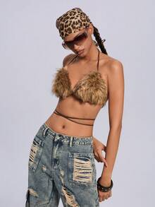 ROMWE Y2K Sexy Fluffy Bikini Top For Women - Brown - View 7