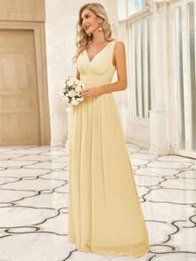 EVERPRETTY Elegant Chiffon V Neck Sleeveless Ruched Maxi Formal Butter Yellow Bridesmaid Dress For Spring Summer Wedding Graduation - Yellow - View 5